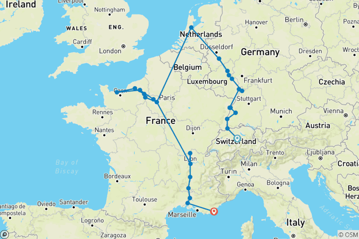 Mapa de Obra maestra europea: el Rin, el Sena y el Ródano al descubierto con 2 noches en Lucerna y 2 noches en la Costa Azul 2027