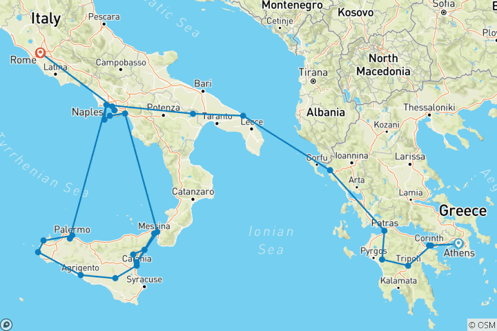 Mapa de Odisea por el Mediterráneo De Grecia a Italia Venture - 13 días