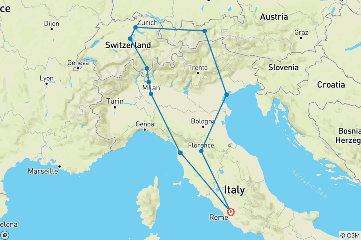 Carte du circuit Grande Odyssée européenne Rome-Milan - 8 jours