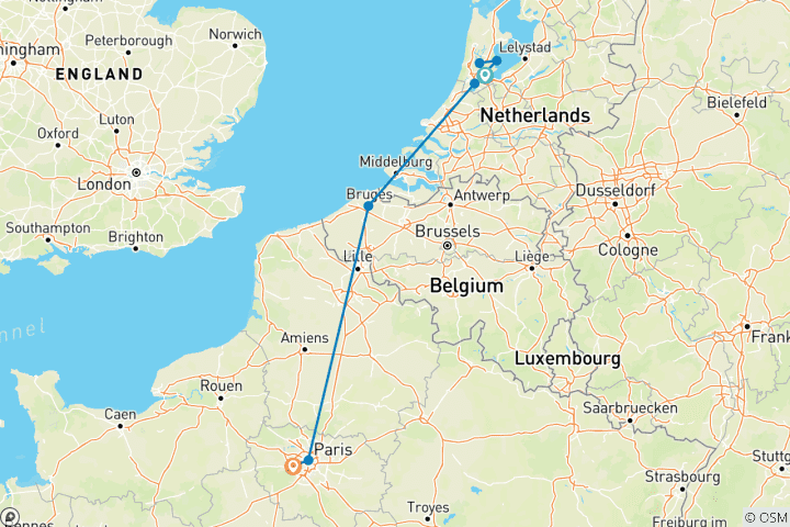 Map of Windmills to Wonders Amsterdam to Paris - 6 days