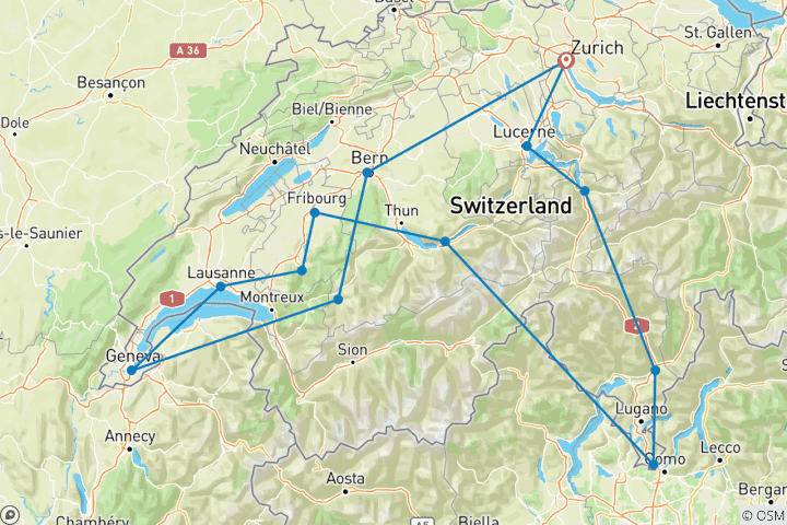 Mapa de Paisajes suizos Castillos, lagos y cumbres - 6 días