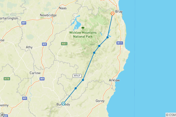Carte du circuit Wicklow Way, randonnée autoguidée de 8 jours