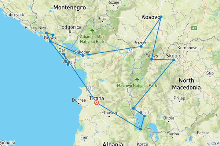 Kaart van Rondreis door Montenegro, Kosovo & Noord-Macedonië in 6 dagen