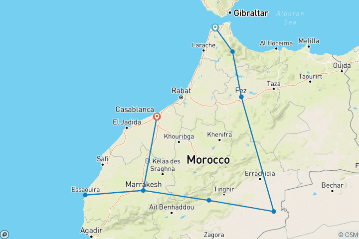 Carte du circuit 12 jours - Authentique circuit au Maroc depuis Tanger vers les villes impériales et le désert