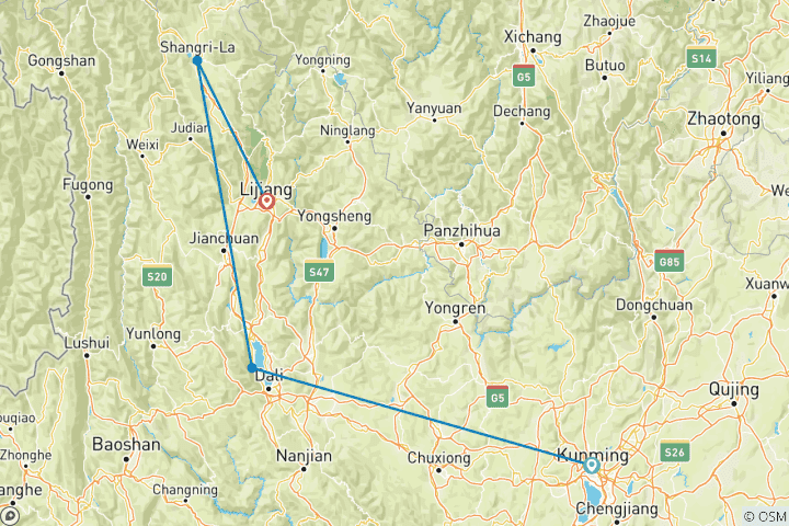 Map of 8 Days Classic Yunnan Small Group Tour (Max 12) | Southwest China Package Adventure