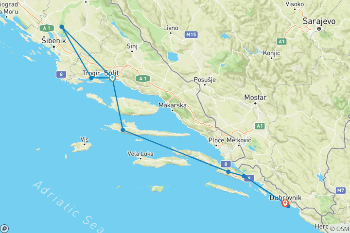 Carte du circuit Voyage Wanderlust Women en Croatie (réservé aux femmes) avec extension optionnelle au Monténégro
