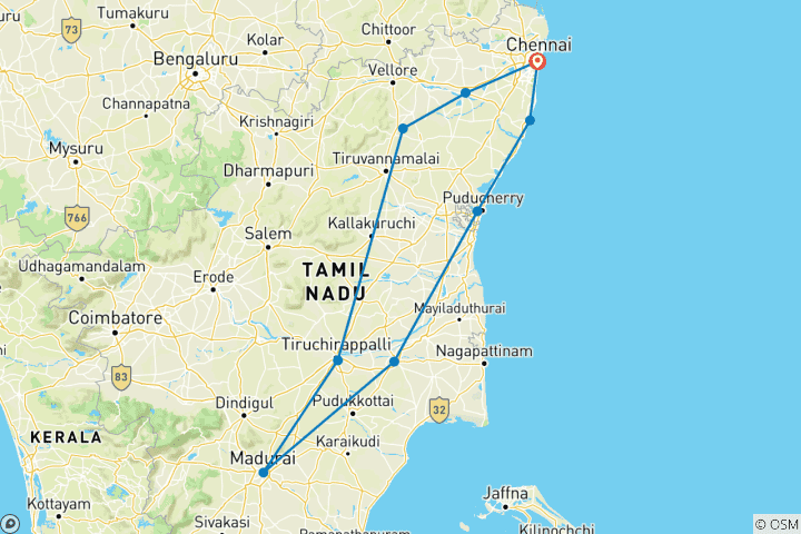 Map of Spiritual and Heritage Journey Through Tamil Nadu