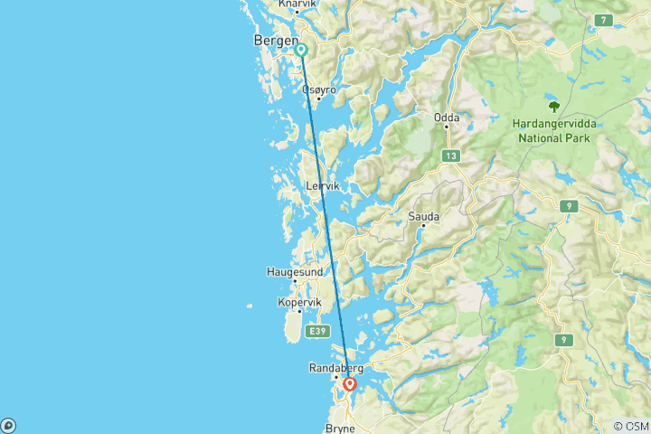 Mapa de De Bergen a Stavanger