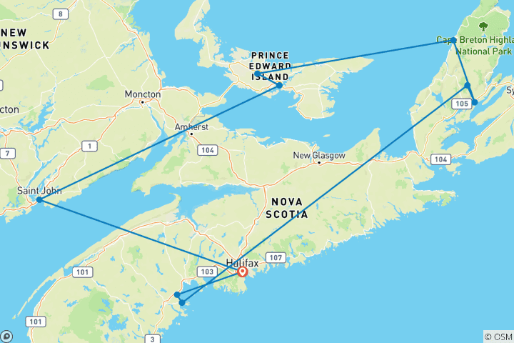 Kaart van Canadese Maritimes en kustwonderen met het Cabot Trail (2027)