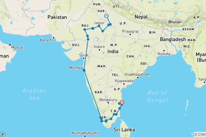 Map of Timeless North and South India Trails By G Experiences