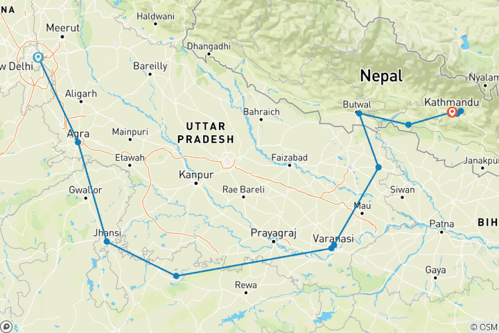Carte du circuit Great India Nepal Heritage Trails By G Experiences (en anglais)