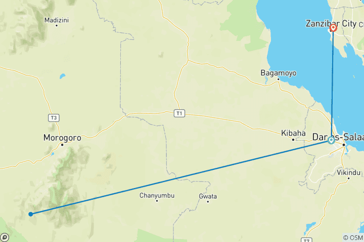 Karte von Wilde Safarierlebnisse treffen auf ein tropischParadiesSansibar und den Mikumi-Nationalpark