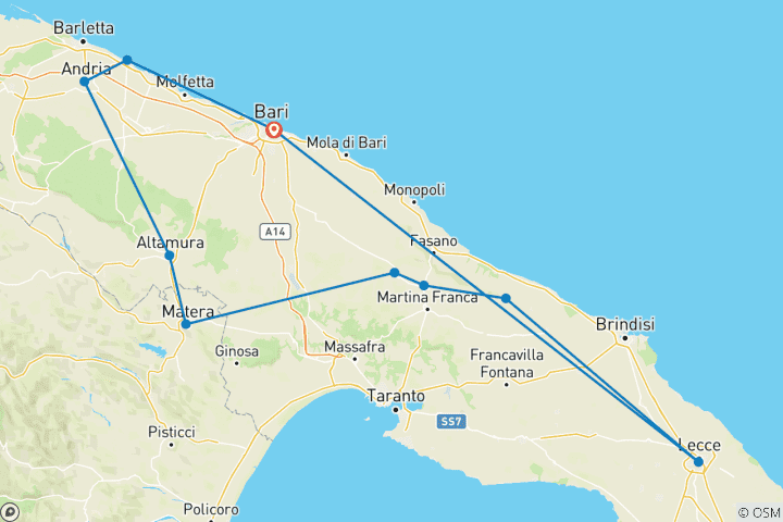 Carte du circuit Spécial Noël Pouilles et Matera, voyage de groupe vers les merveilles de l'Unesco