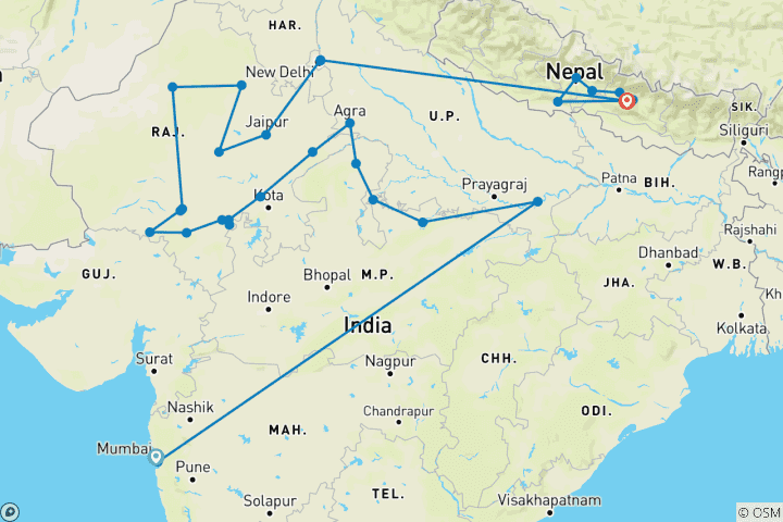 Kaart van Erfgoedreizen van India naar Nepal door G Experiences