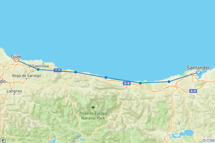 Carte du circuit De Santander à Gijón. Le long de la côte. 7 nuits. Auto-guidée