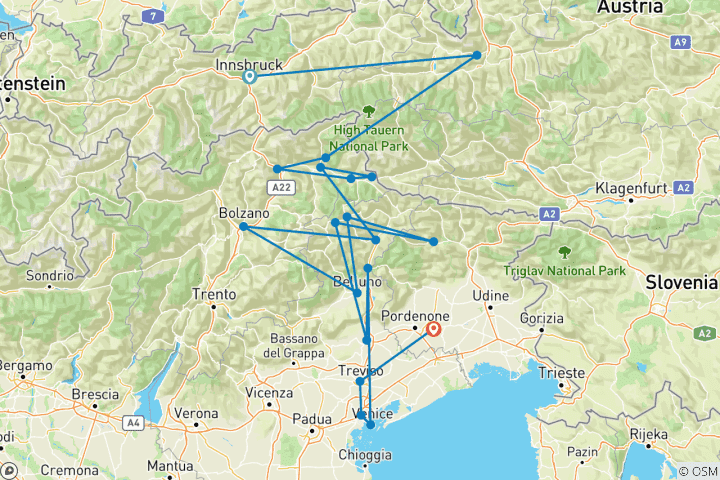 Karte von Innsbruck - Venedig: Von der Nordkette zu den Gondolieri (7 Tage)