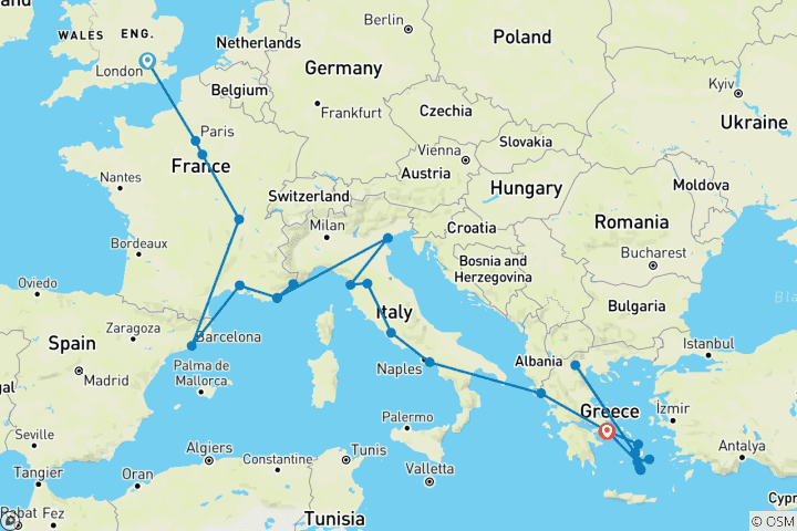 Map of London to Athens with Greek Island Hopping (Standard, Start London) (31 destinations)