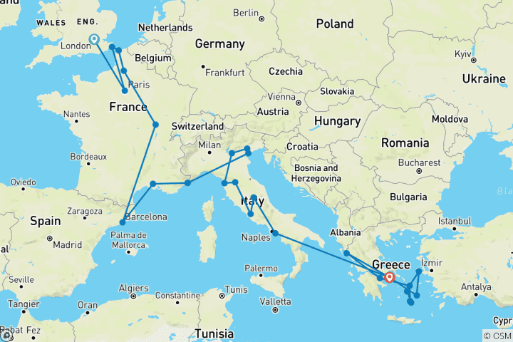 Mapa de De Londres a Atenas saltando de isla en isla griega (Además, empieza en Londres) (38 destinations)