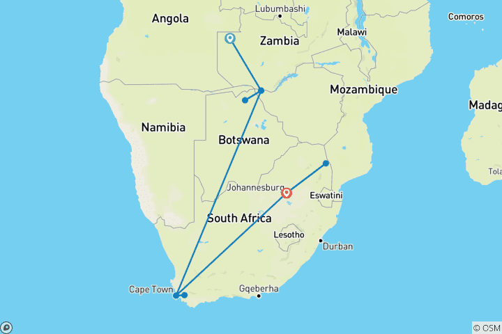 Carte du circuit 17 jours d'exploration de l'Afrique du Sud : Le Cap, les vignobles et le Kruger