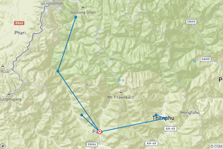 Carte du circuit Trek du camp de base de Jomolhari au Bhoutan