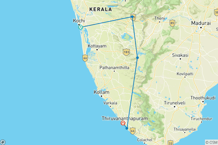 Karte von Privat 13 Tage Kerala Ayurveda Deep Detox & Wellness Retreat mit Backwaters & Hill Stations