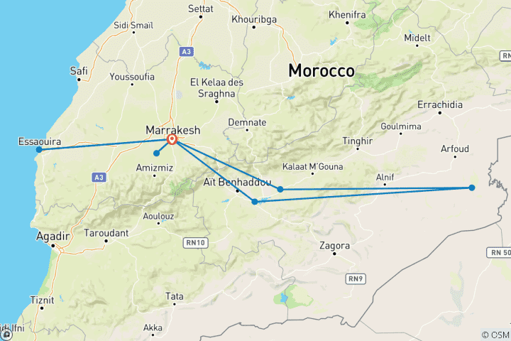 Kaart van 9 Dagen Marokko verkennen - Natuur & Licht Avontuur