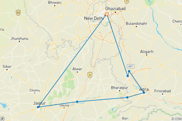 Kaart van Nieuw!!! Holi special onder begeleiding met 4 sterren hotels: Gouden Driehoek met Mathura & Vrindavan Festival ervaring