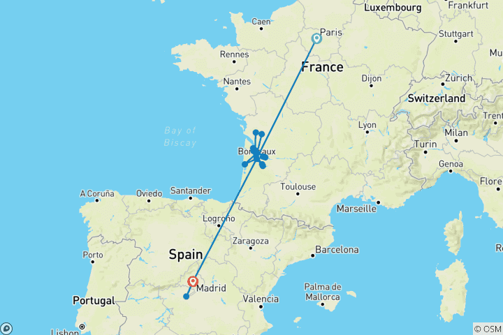 Carte du circuit Bordeaux en beauté avec Paris et Madrid en point de mire