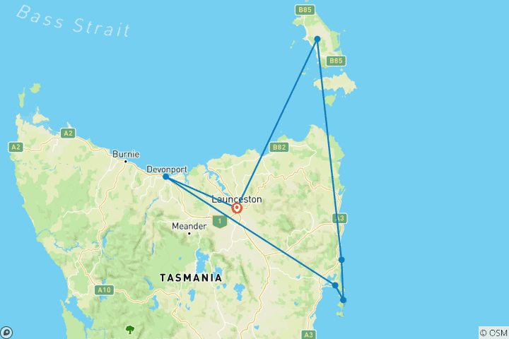 Carte du circuit Exploration de la Tasmanie et de l'île Flinders (petit groupe, fin à Launceston)