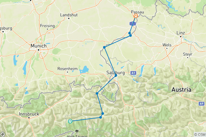 Kaart van Tauern-Radweg, Krimml - Passau