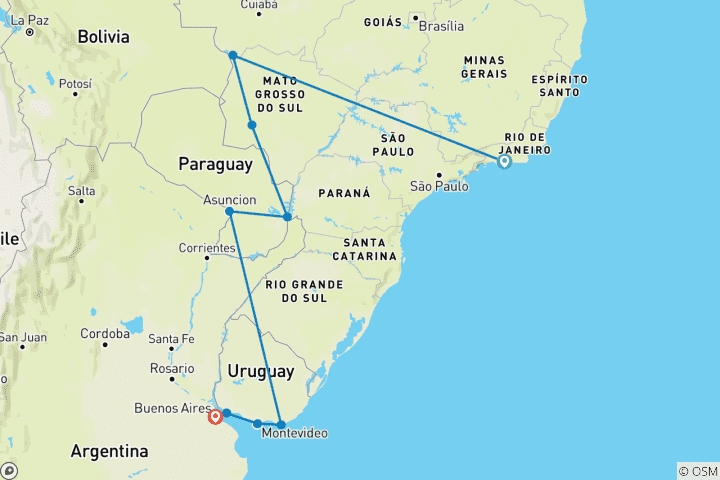 Kaart van RIO naar BUENOS AIRES (26 dagen) Watervallen, wetlands & wilde dieren