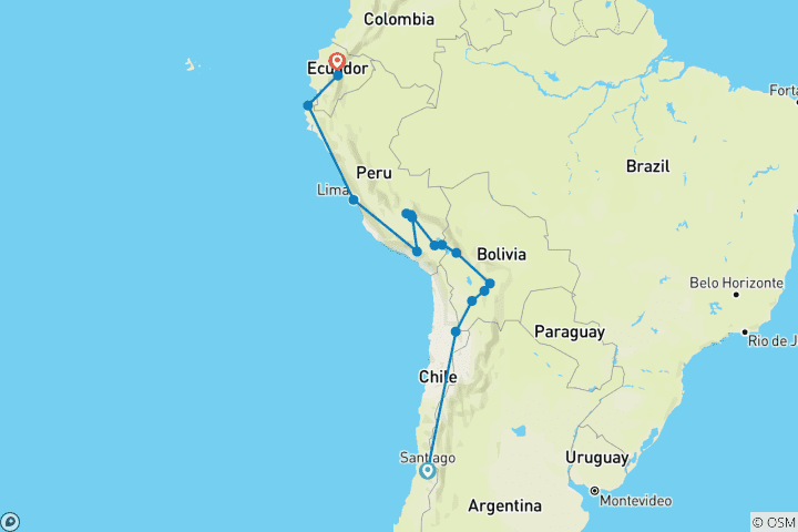 Carte du circuit SANTIAGO à QUITO (56 jours) Andes et Amazonie