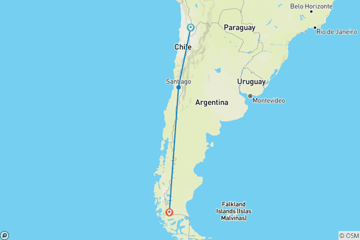 Kaart van Vuur en ijs: Atacama tot Patagonië