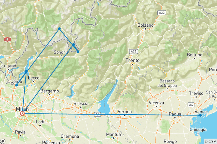 Carte du circuit 5 jours Milan, Lac de Côme, Bellagio, Alpes suisses et Venise