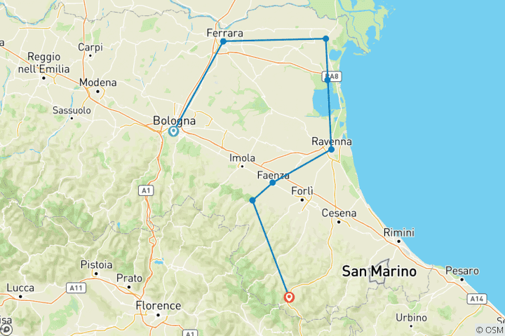 Kaart van Emilia Romagna - begeleide e-bike tocht (8 dagen)