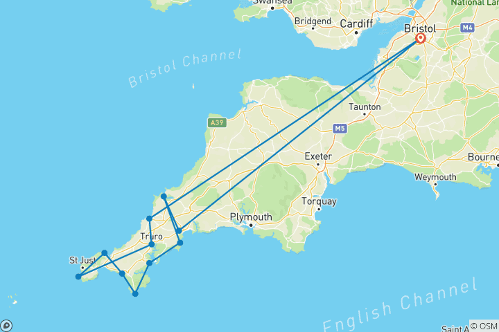 Karte von Cornwall - geführte E-Bike Reise (8 Tage)