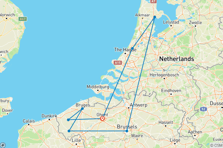 Karte von Flandern - geführte Radreise (5 Tage)