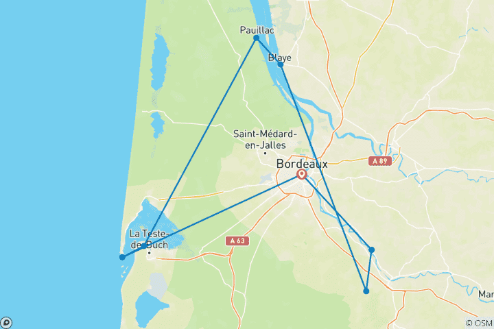 Karte von Bordelais & Atlantik - geführte Ebikereise (8 Tage)