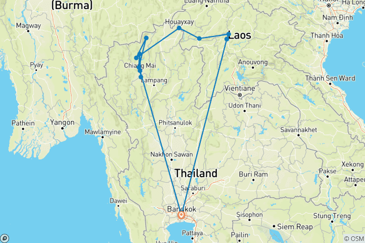 Karte von Thailand & Laos mit Angkor Wat - geführte E-Bike Reise (17 Tage)