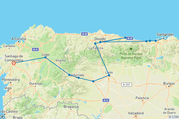 Karte von Jakobsweg - geführte E-Bike Reise (8 Tage)