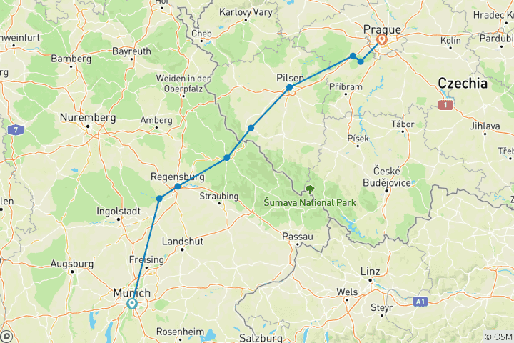 Karte von Von München nach Prag - geführte E-Bike Reise (8 Tage)