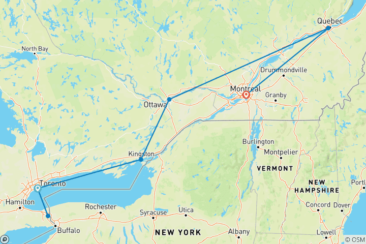 Carte du circuit Points forts de l'Est 2027 - 8 jours (from Toronto to Montréal)