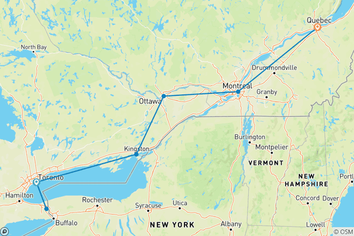 Carte du circuit Points forts de l'Est 2027 - 8 jours (from Toronto to Ville de Québec)