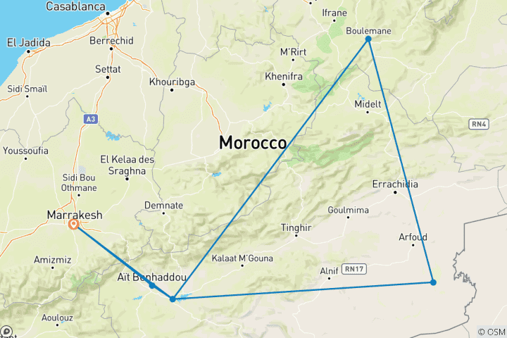 Kaart van 6 Dagen in de Marokkaanse woestijn - Een rustige reis vanuit Marrakech