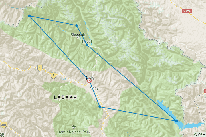 Carte du circuit Le meilleur du Ladakh en 8 jours : Monastères, lac Pangong, vallée de Nubra et Khardung La