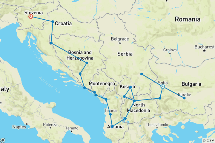 Carte du circuit Tous les pays des Balkans : Un circuit privé de 16 jours