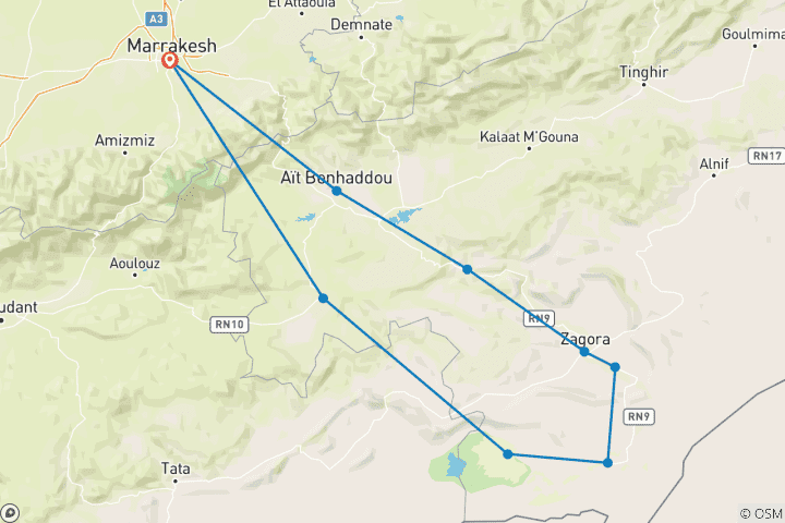 Karte von 3 Tage private Wüsten von Marrakesch nach Erg Chigaga über Zagora & Luxuscamp