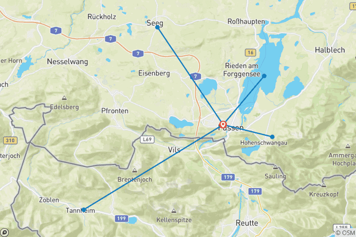 Kaart van Allgäuer Meren gebaseerd in Hotel Dreimäderlhaus