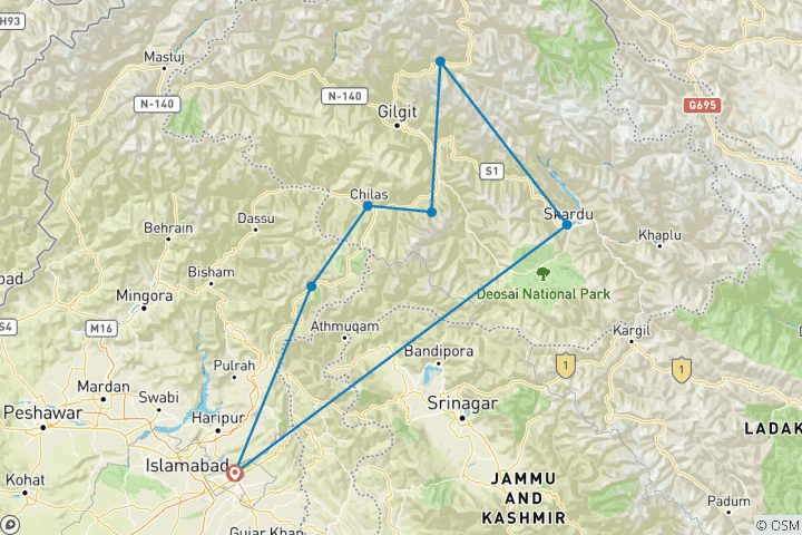 Kaart van Avontuurlijke trektochten in Karakoram Pakistan