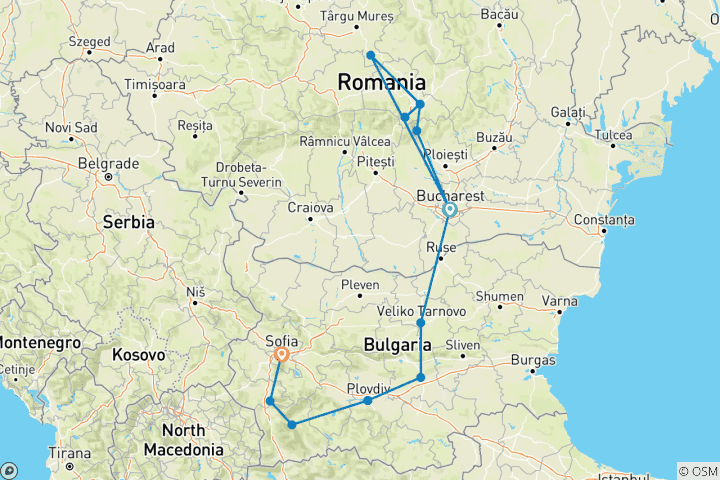 Carte du circuit Deux pays, un voyage : La Roumanie et la Bulgarie en train